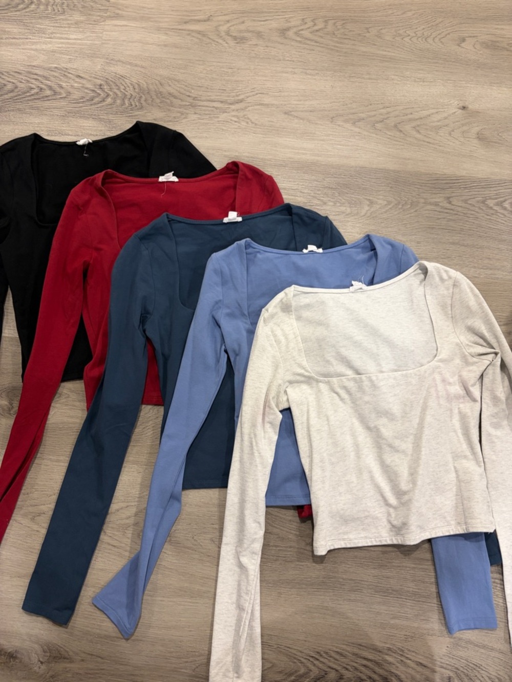 Garage Long Sleeve Scoop Neck Tops - Black, Red, Navy, Blue, Light Gray set of 5